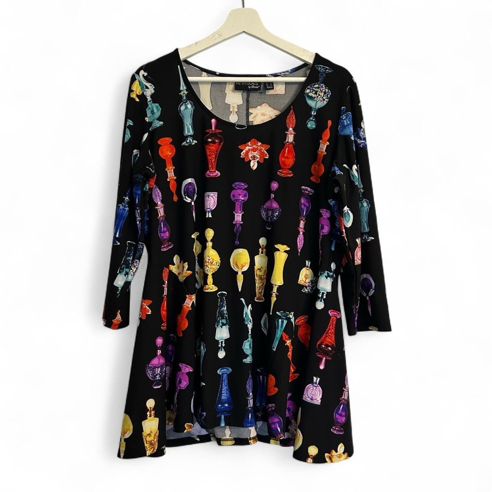 Attitudes By Renee Perfume Bottle Design Flowy Blouse Top Quirky Fun Size Large